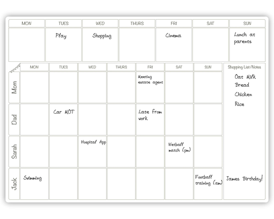 Personalised Large Dry Wipe Clean Whiteboard Weekly Family & Meal Planner - A3 Write & Organiser Wipeable Erase Board