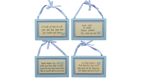 Blue Baby Boy Plaque Gingham Ideal Shower New Born Nursery Décor Twinkle Bundle Of Joy Dear Lord 10 Fingers Set Of 4 Designs