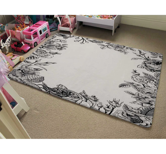 Penner Hand Drawn Roses Designer Shaggy White/Black Rug