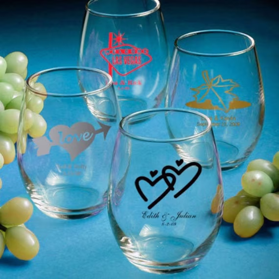 20-96 Personalized 9 Oz Stemless Wine Glass with Optional Display Box - Wedding Baby Shower Party Favor