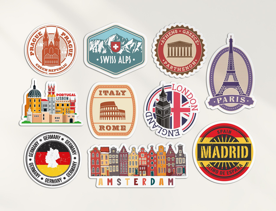 A5 Sticker Sheet European Landmarks Vinyl Stickers - Europe Map Airport Stamps Skyline Flag Travel Holiday Culture City Aesthetic #78738