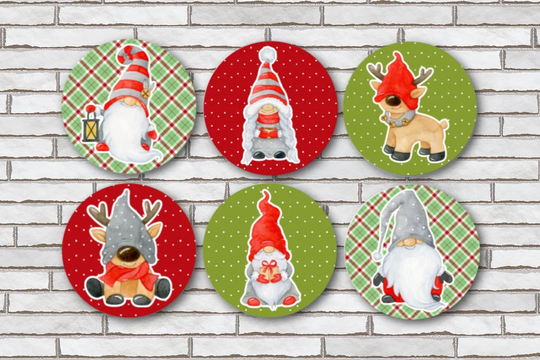 Christmas Gnome Magnets Or Pin Button, Set Of 6, 1.25