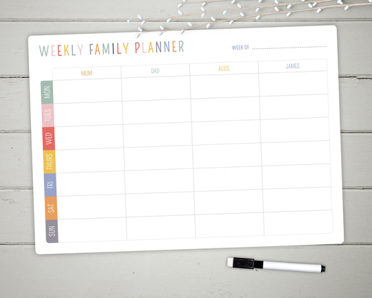 A3 Personalised Dry Wipe Whiteboard Weekly Family Planner. Can Be Personalised