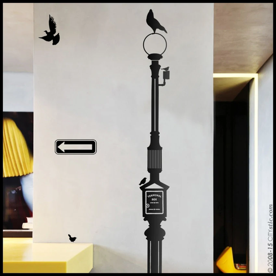 Nyc Wall Decal - Tarrytown Street Lamp Fire Alarm Emergency, Birds, Sparrows Sticker & One Way Sign