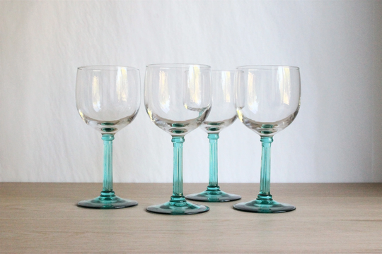 4 French Vintage 90S Luminarc Wine Glasses, Rare Turquoise Greek Column Style Stem