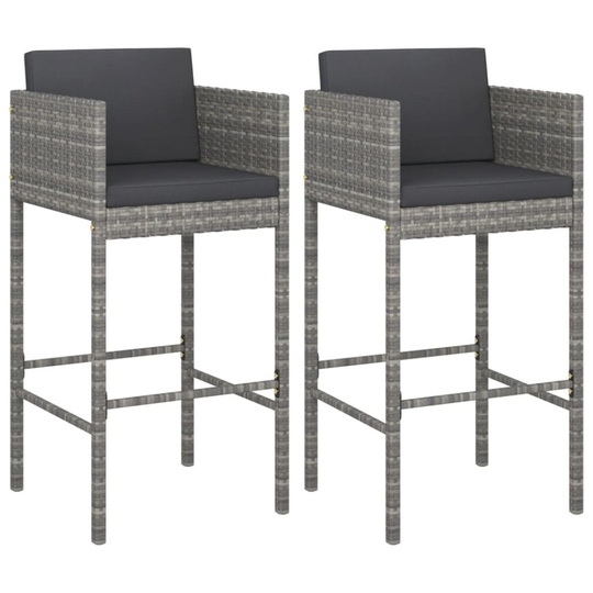vidaXL 2x Bar Stools with Cushions Grey Poly Rattan Seat Seating Furniture