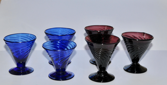 Set Of 6 Small Handblown Cobalt Blue & Purple Glasses, Vintage Shot Glasses