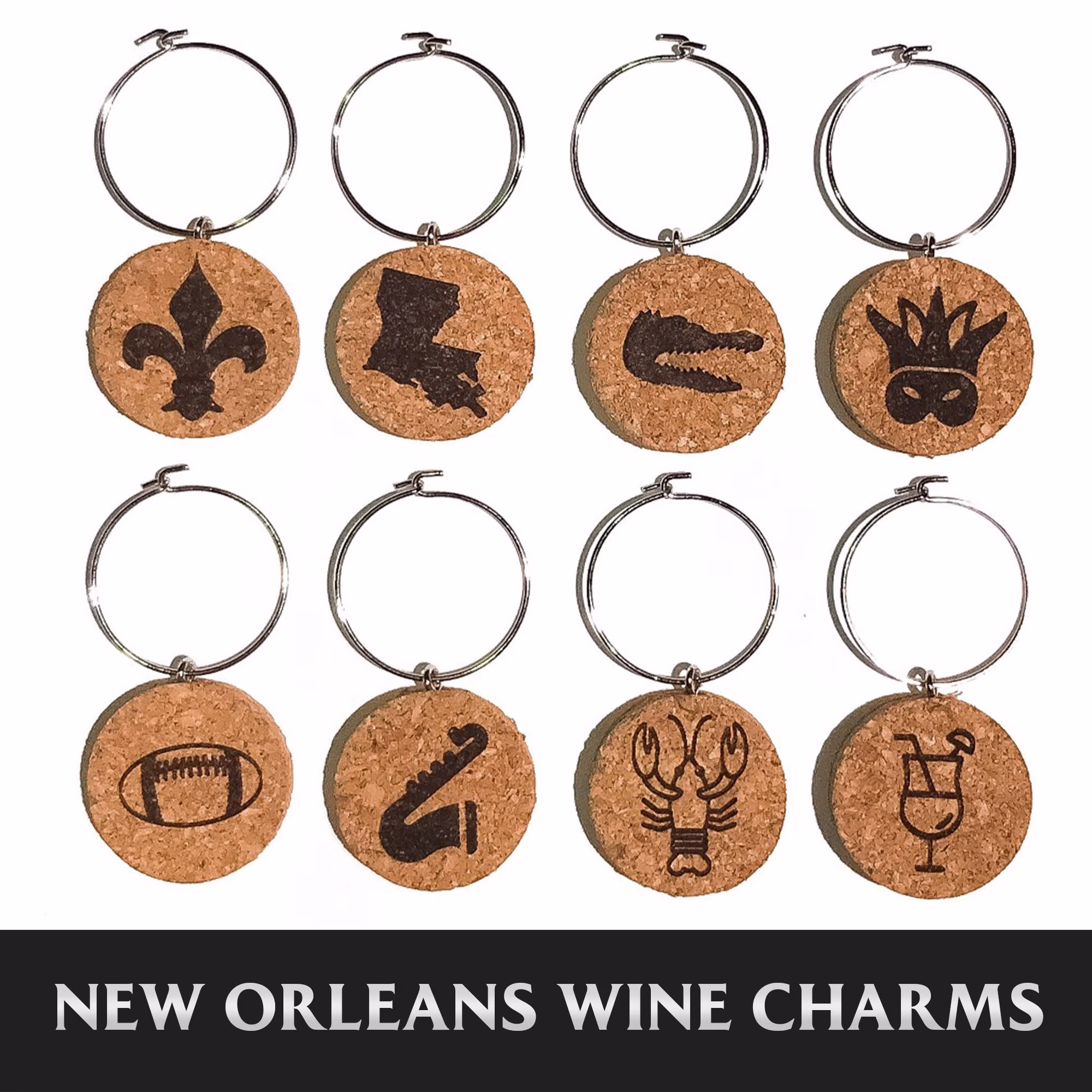 New Orleans Wine Charm Set - Theme | Set Of 8 Cork Glass Charms Lover Gift, Hostess Unique Louisiana Gift