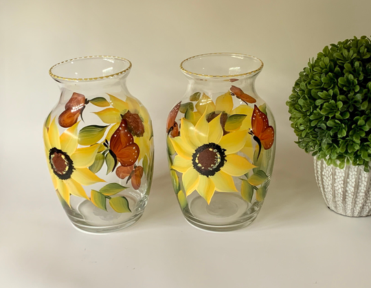 Painted Vase With Sunflowers & Monarch Butterfly , Mothers Day Gift, Godmother Bride To Be Step Mom 21St Birthday Gift