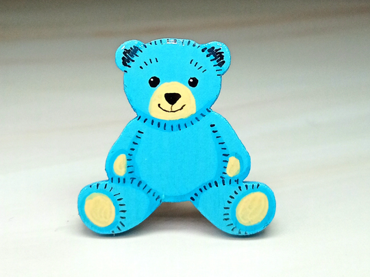 Blue Teddy Bear Pin, Handmade Baby Shower Gift, Gifts, Cute Brooch, Gender Reveal Painted Little Wooden Badge