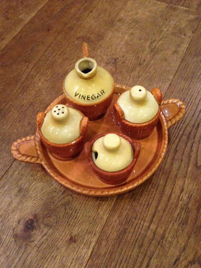 1970's Vintage 4 Part Basket Style Salt & Pepper Pots, Vinegar & Mustard. Cruet Set, Lovely Unusual Retro Condiment Set. in Good Condition