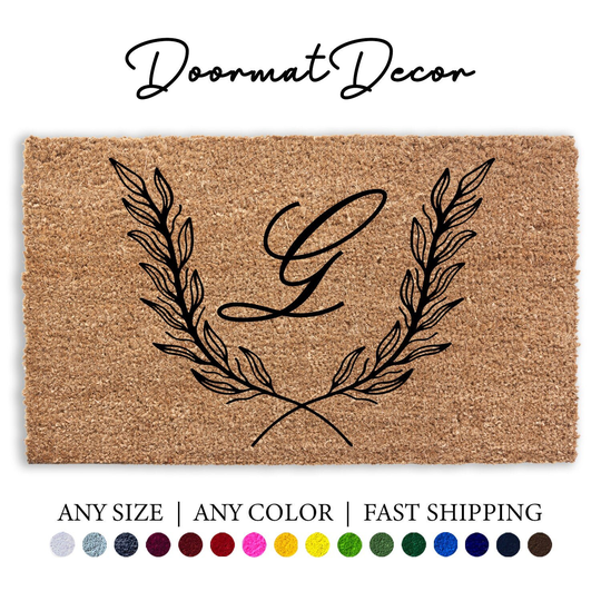 Personalized Initial Wreath Doormat, Flocked Coir Door Mat, Welcome Engagement Wedding Gift, Realtor Client Outdoor Rug, Oak Tree