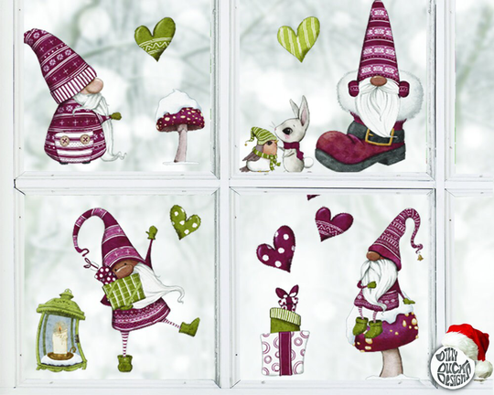 Christmas Gnome Window Decal Set - Red Boy Gonk Xmas Cling Decals Seasonal Décor By Dizzy Duck