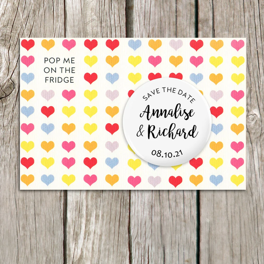 Colourful Hearts Save The Date Magnets, Heart Design Dates, Personalised Wedding Stationery With Envelopes, Fun, Pretty, Bright