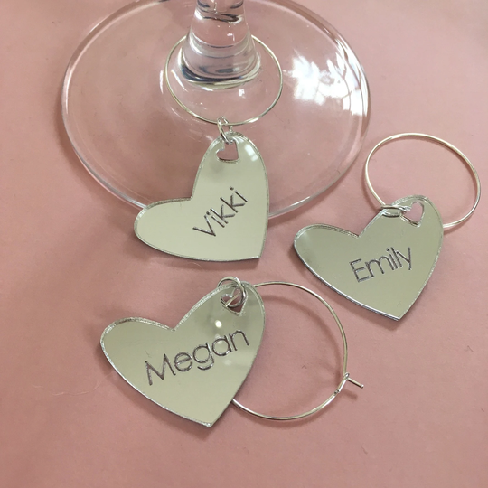 Personalised Heart Shaped Glass Charm, Wedding Favour Ideas, Christmas Wine Glass Charms, Name Place Settings, Favours, Hen Do Charms