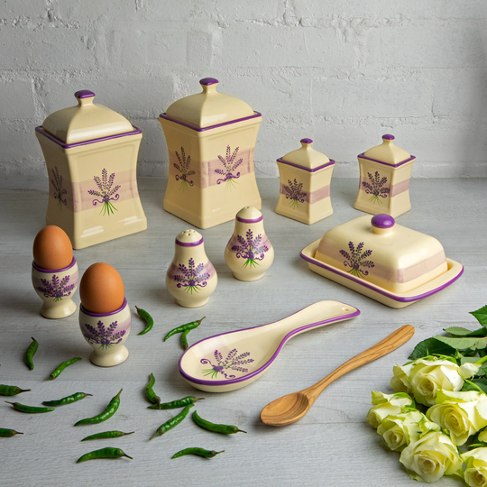 Lavender Kitchen Set | Canisters, Spice Jars, Butter Dish, Cruet Set, Spoon Holder, Egg Cups, Handmade Ceramic White Polka Dot Of 10