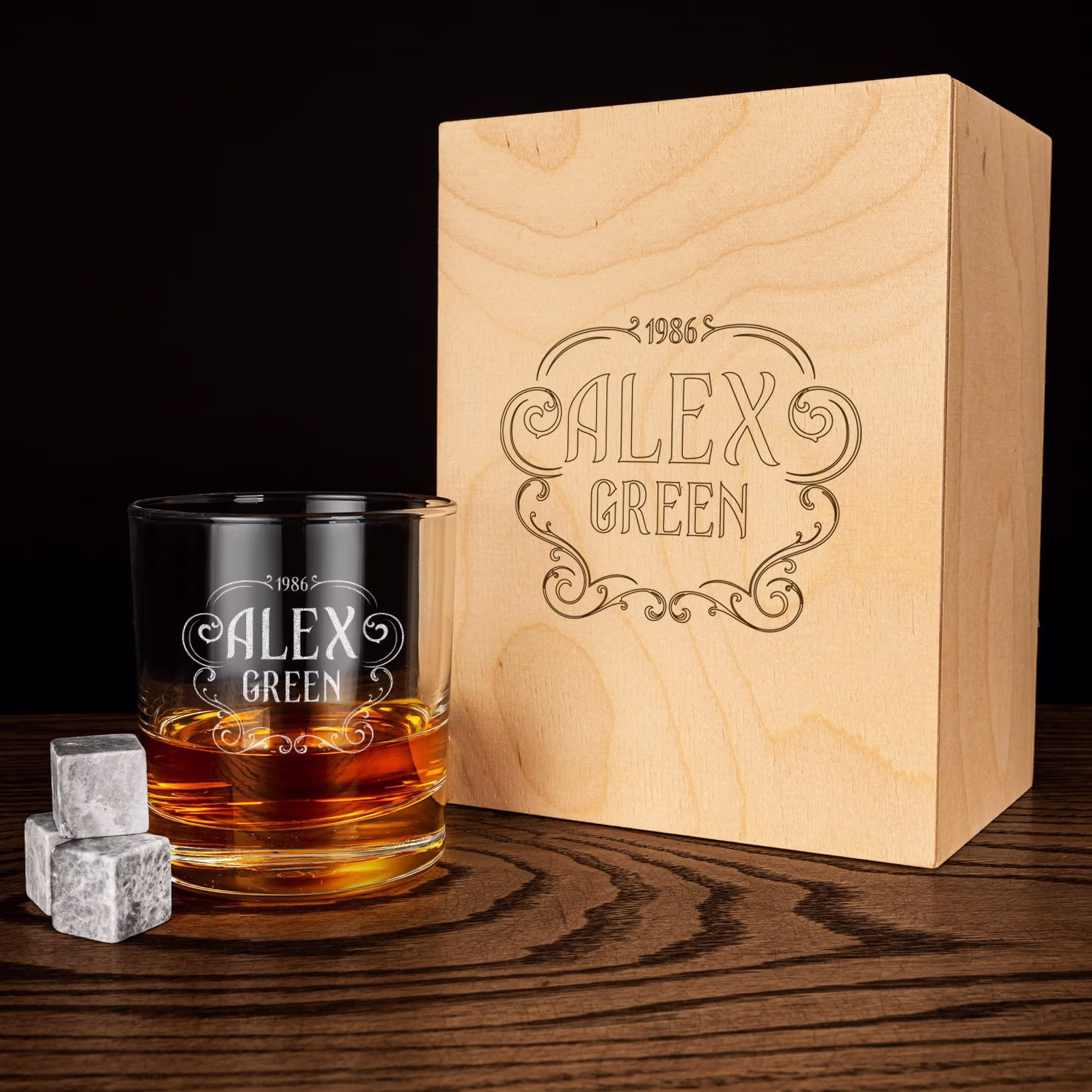 Personalized Whiskey Gift Set With Glass, Stones & Custom Wood Box. Engraved Glass Perfect For Lover