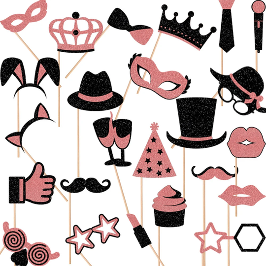 24 Pieces Glitter Rose Gold Birthday Photo Booth Props Girl Woman Party Supplies