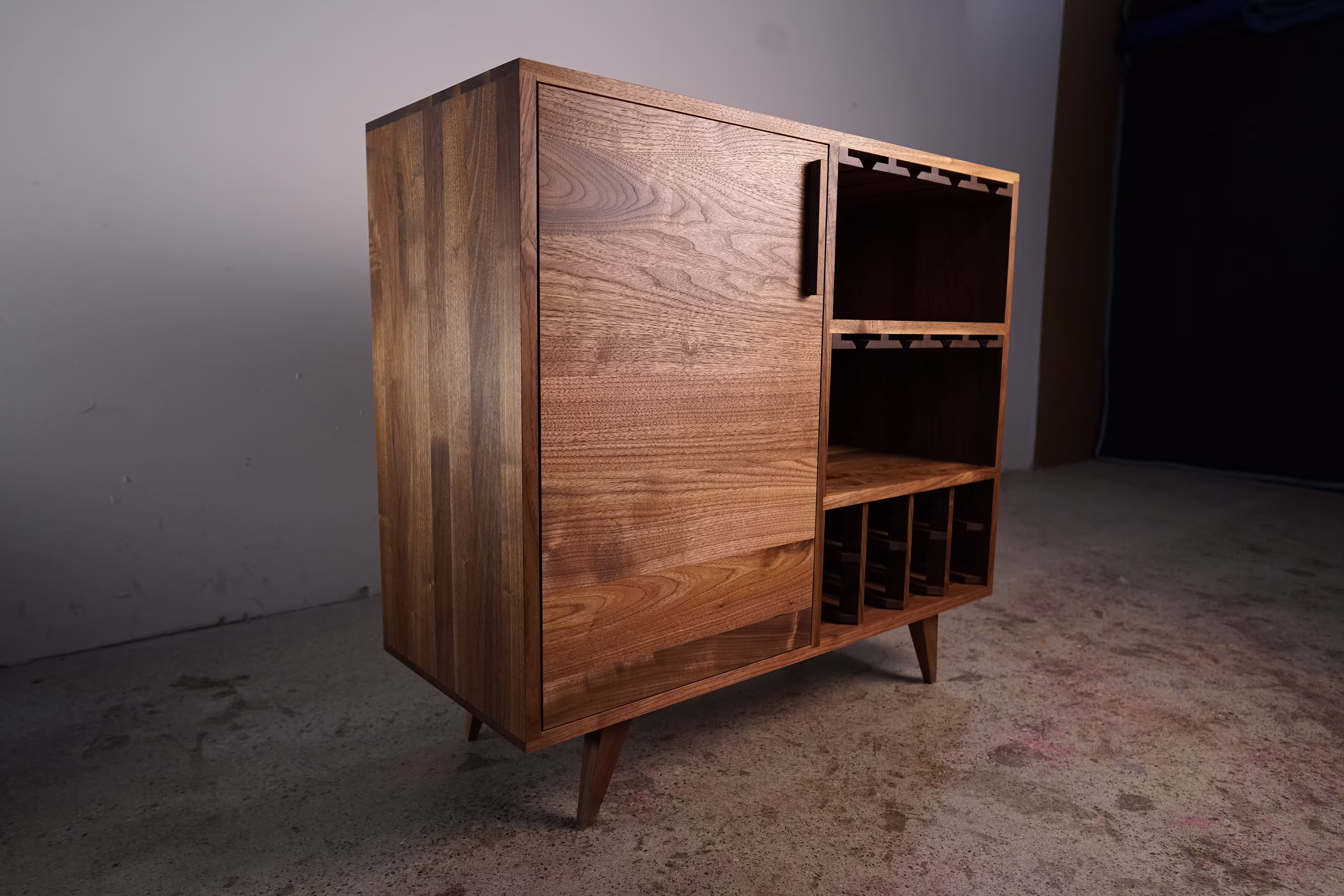 Hoppe Bar Cabinet, Wine Bottle Storage | Shown in Walnut