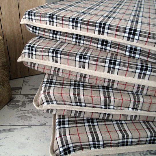Set Of 4, 6 Or 8 Beige Tartan Check Tapered Seat Pads, Chair Multi Coloured Tapered Kitchen Chair Pad, Bistro, Bar, Patio Seat Pad