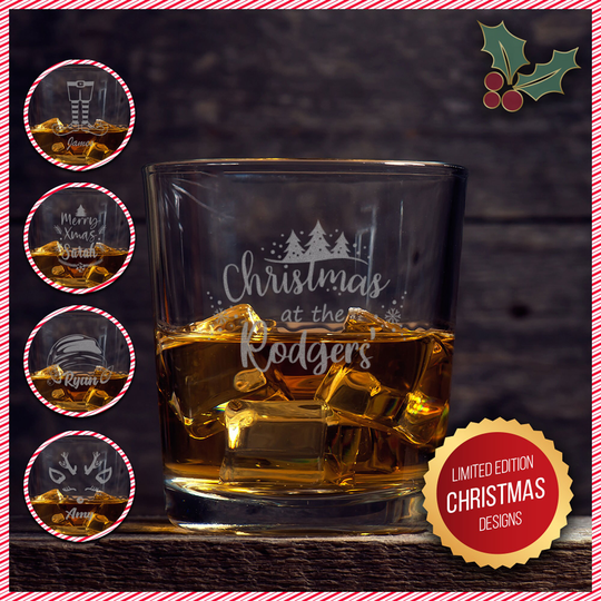 Personalised Christmas Lowball Glass Engraved Round Whisky Low Ball Glasses Gift, Festive Glassware, Bespoke Xmas Drinking