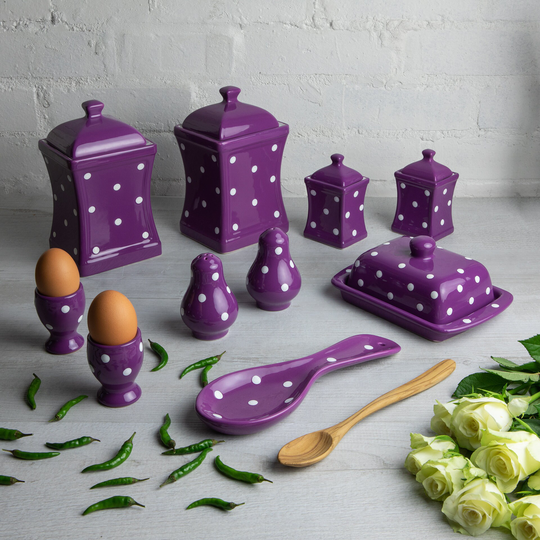 Purple Kitchen Set | Canisters, Spice Jars, Butter Dish, Cruet Set, Spoon Holder, Egg Cups, Handmade Ceramic White Polka Dot Of 10