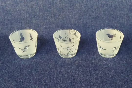 Birds Engraved Glass Tea Light Holder Set