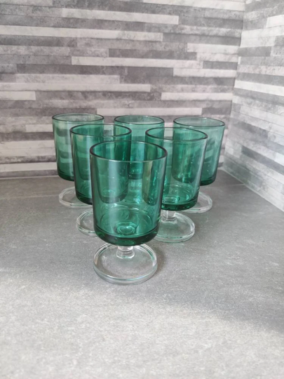 Set Of 6 Green Luminarc Glasses, Liqueur, Port, Retro/Vintage Glasses 1960S