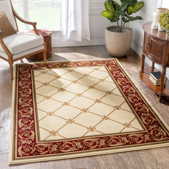 Timeless Fleur De Lis Transitional Trellis Tufted Ivory Rug