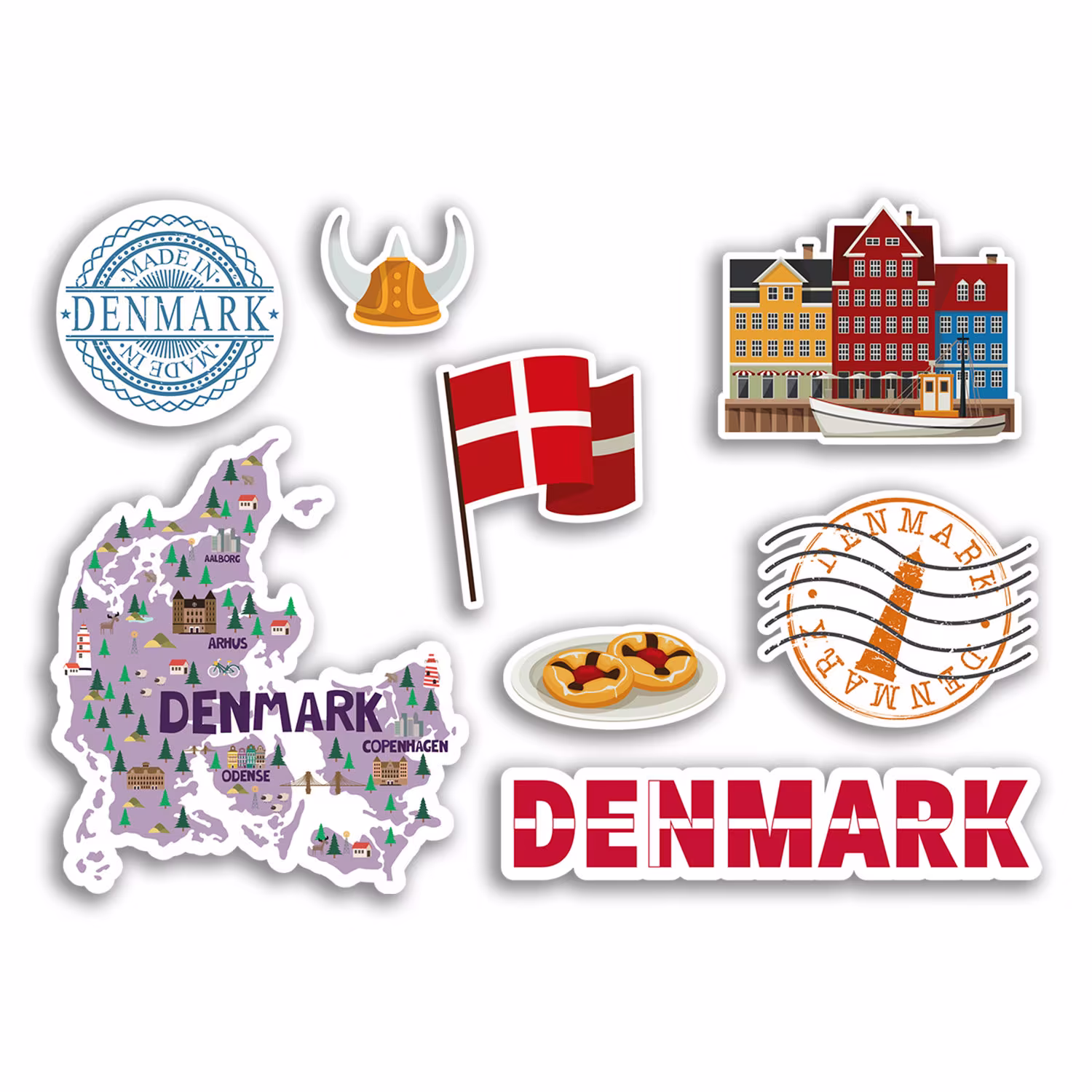 A5 Sticker Sheet Denmark Landmarks Vinyl Stickers - Danish Country Map Airport Stamps Skyline Flag Travel Holiday City Aesthetic #77531