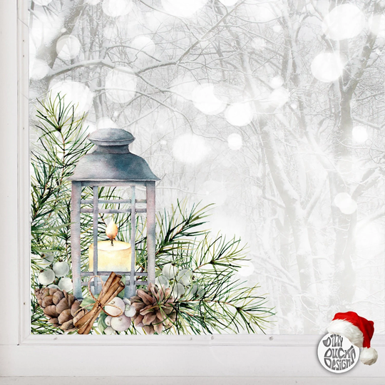 Christmas Window Decoration - Pine Lantern Winter Decal Xmas Sticker By Dizzy Duck