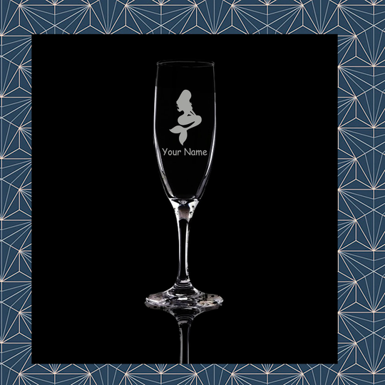 Mermaid Engraved Flute Prosecco Champagne Glass. Beautiful Etched Personalised With Name. Design Won't Wear Off Like Vinyl.06