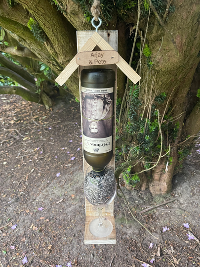 Personalised Bird Feeder Wine Bottle Glass Garden Hanging Feed Station Reclaimed Wood