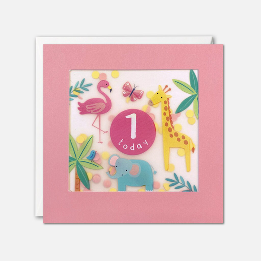 Age 1 Pink Jungle Birthday Card With Paper Confetti - Shakies By James Ellis