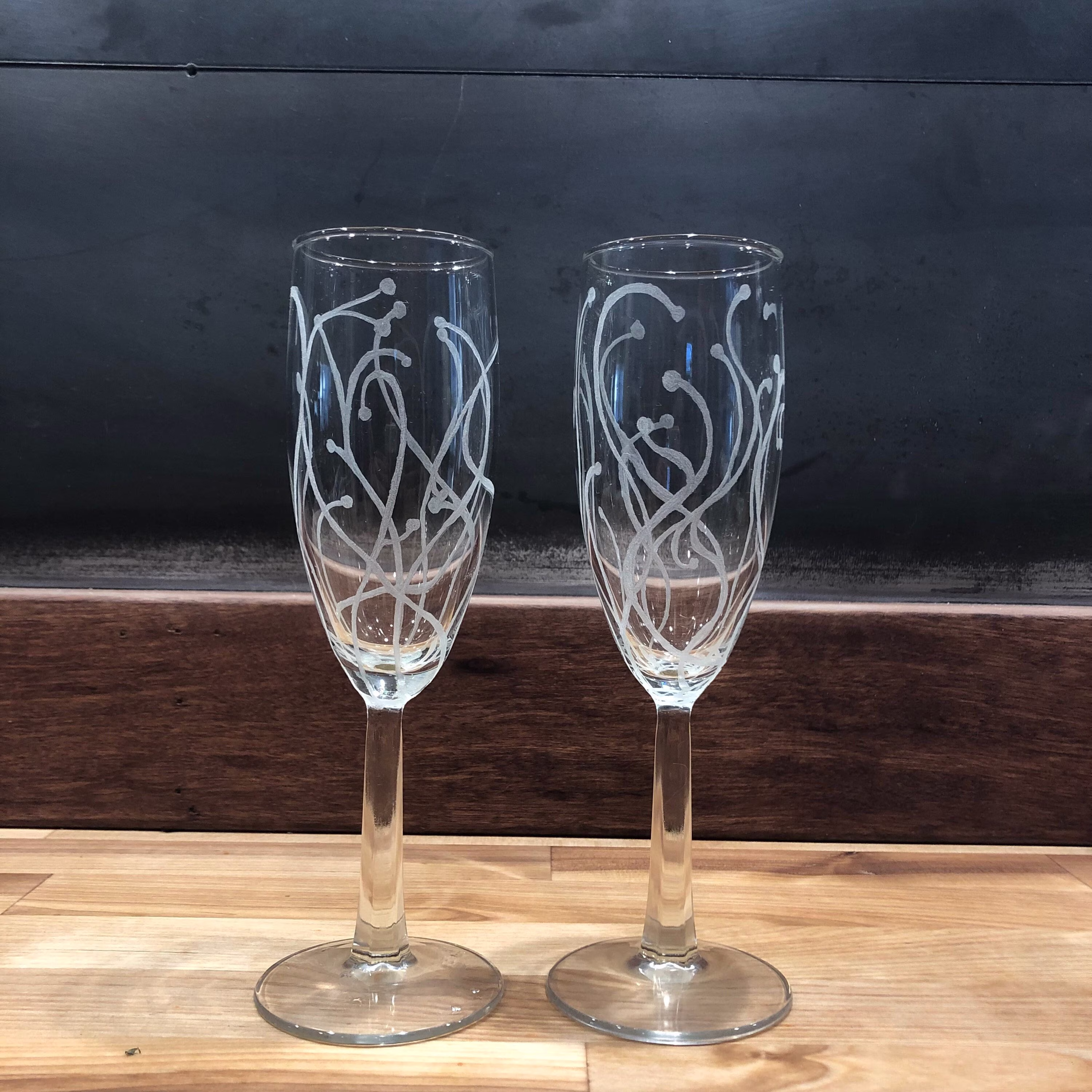 Hand Etched Champagne Flutes With Wavy Dot Design - Free Shipping
