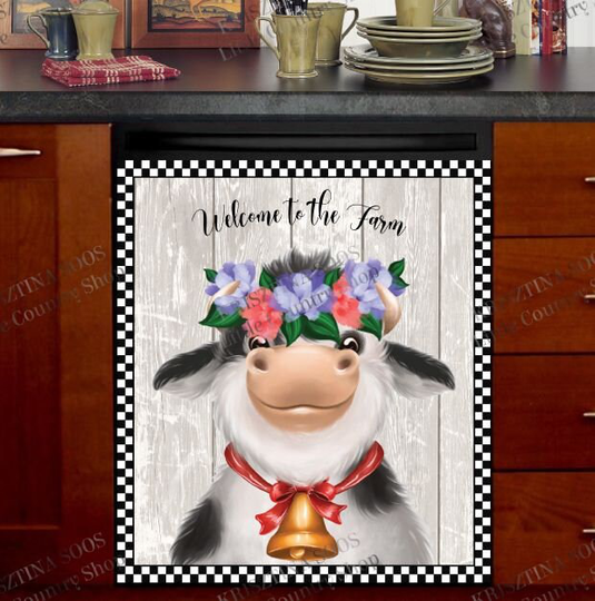 Kitchen Dishwasher Magnet Cover - Cute Farmhouse Cow With Flower Wreath