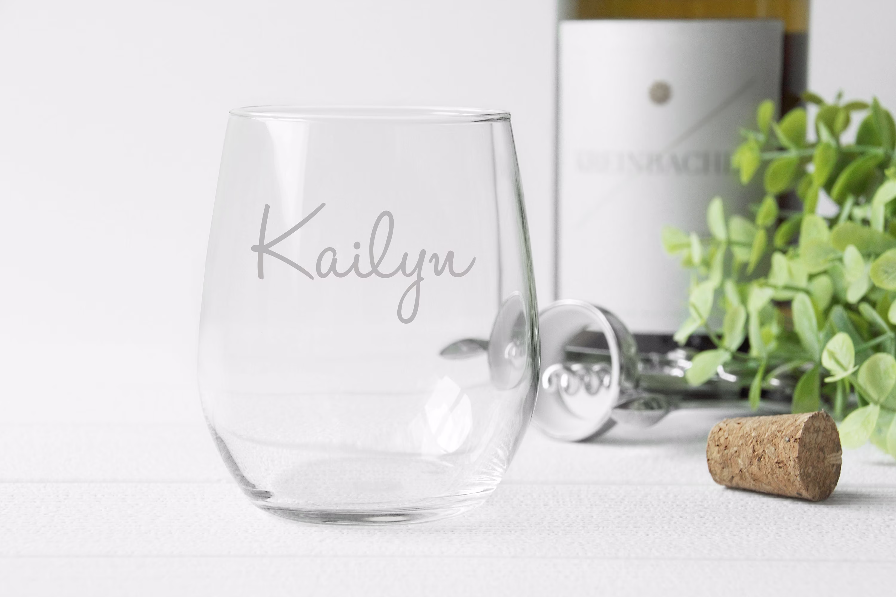 Monogram Wine Glass, Stemless Custom Name Personalized Engraved Glasses, Calligraphy Glass