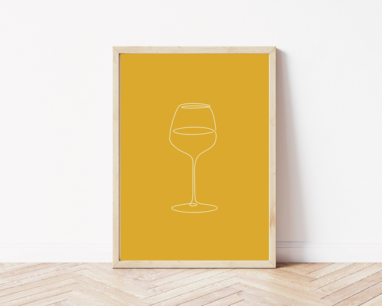 Wine Print in Yellow | Kitchen Print, Glass Home Dining Decor Beverage Prints Bar Art, A4, Happiness