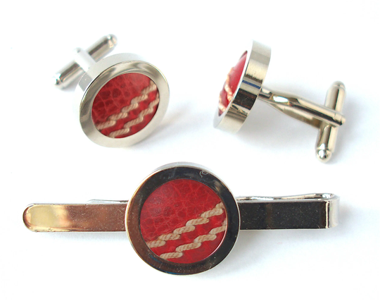 Real Cricket Ball Cufflinks & Tie Bar Set Groomsmen & Clip Wedding Slide Groom Fathers Day