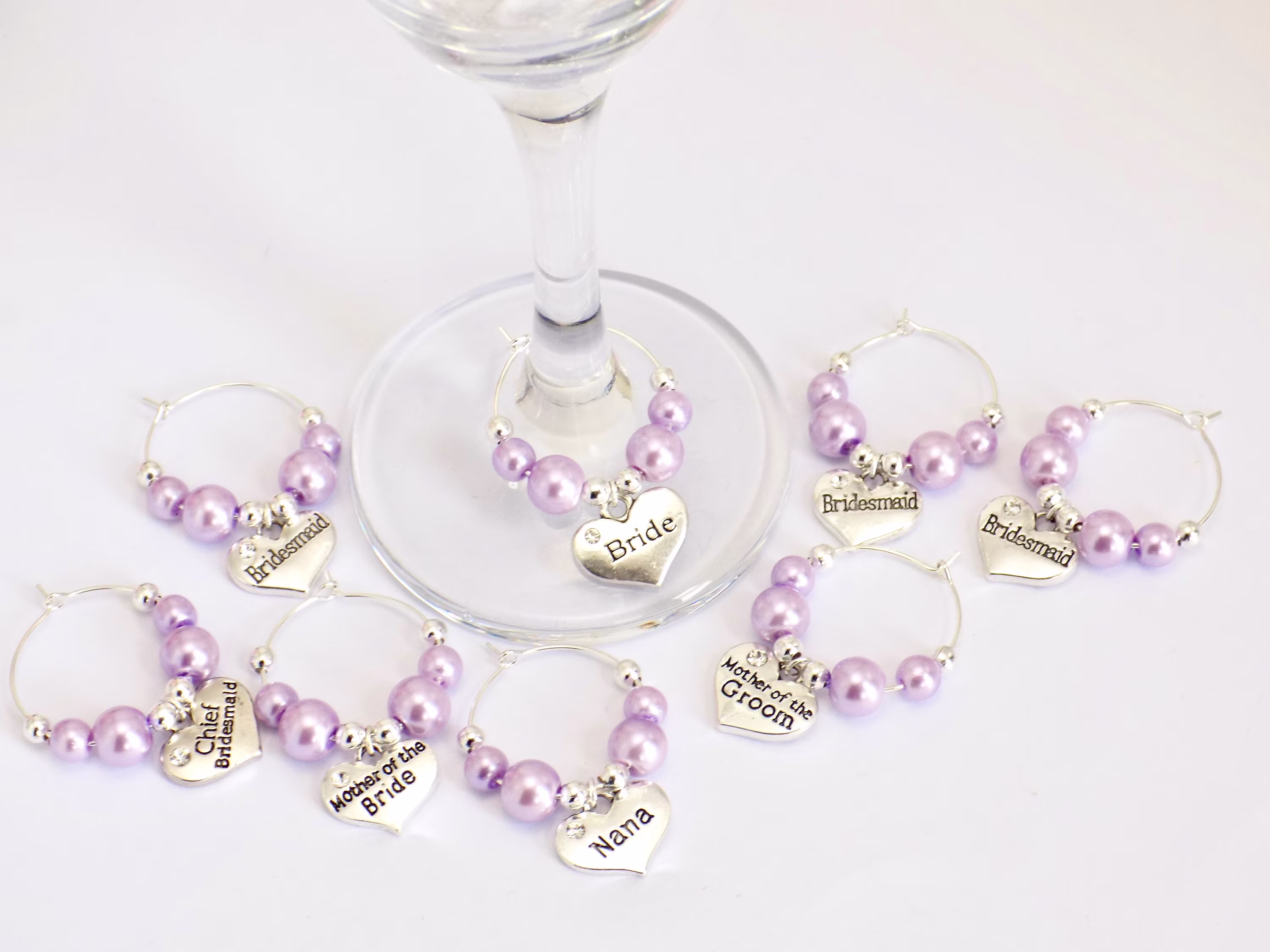 Bridesmaid Wine Charm, Light Purple Wedding, Lilac Wedding Favours, Glass Charms, Custom Bridal Shower Gift, Party