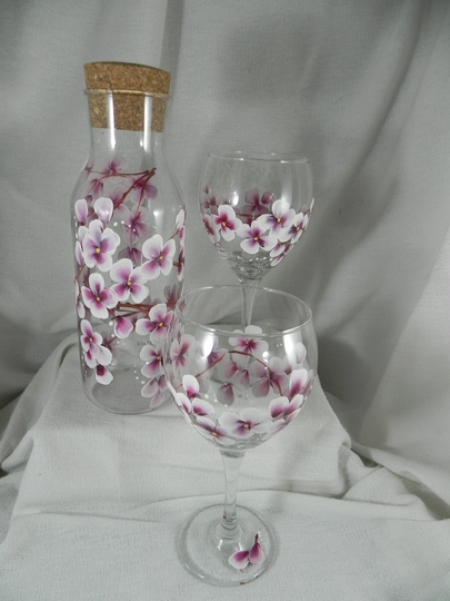 Cherry Blossom Wine Carafe With 2 Large Red Stemware Hand Painted