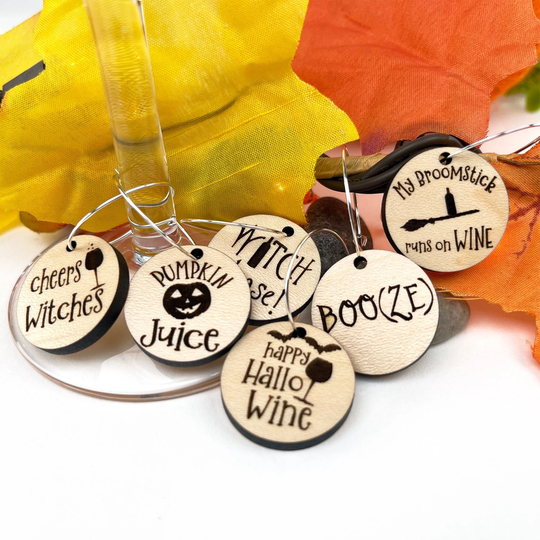 Halloween Wine Charms, Set Of 6 Funny Holiday Maple Wood Laser Engraved Drink Markers, Makes A Great Gift