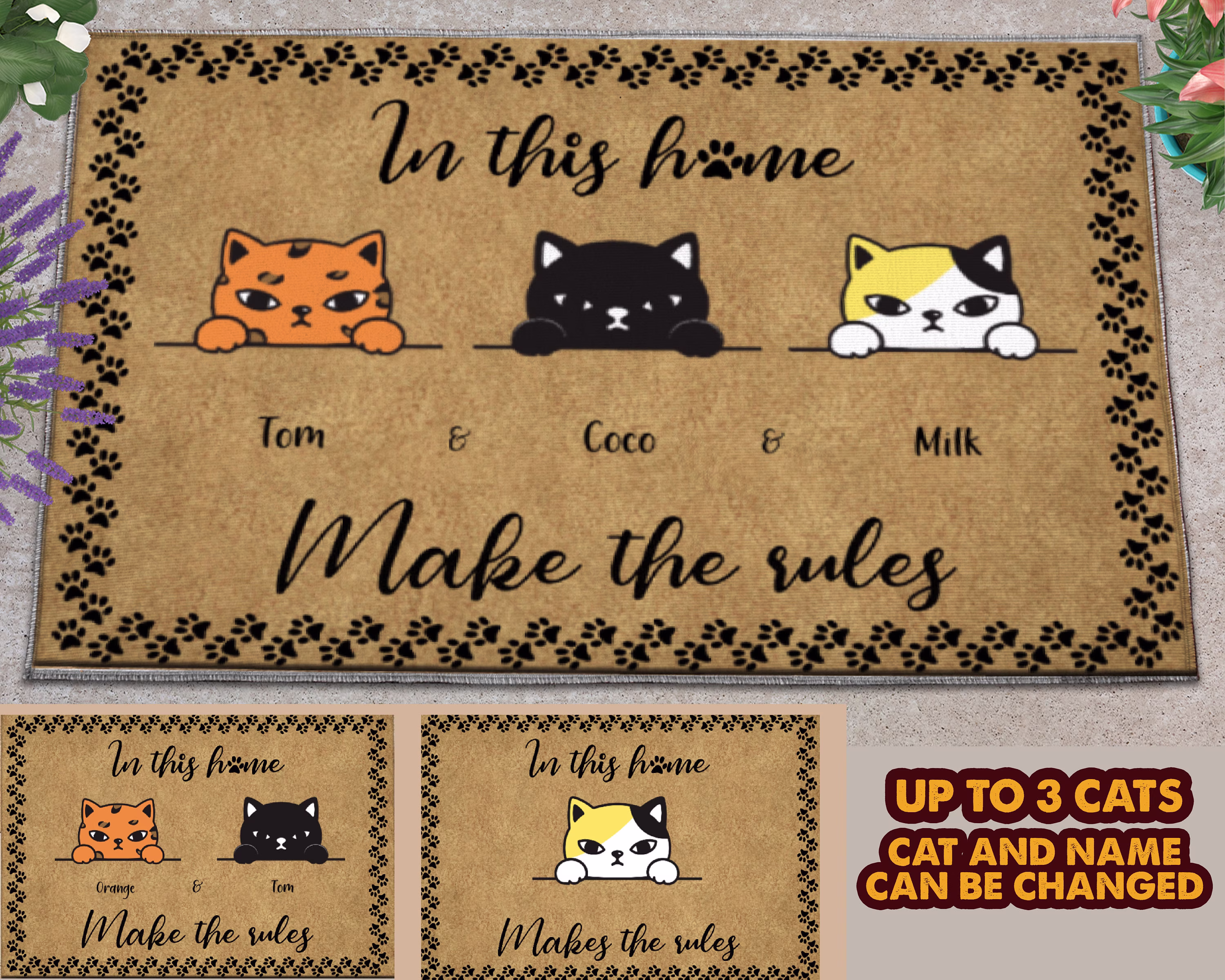 In This Home Cats Make The Rules - Personalized Cat Door Mat, Christmas Gift Idea For Mom, Funny Cartoon Warning Mat