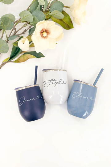 Personalized Bridesmaid Cups, Custom Wine Tumblers, Glass With Straw, Bridal Party Gift Ideas | Uvp