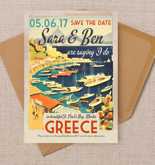 Greek Islands Vintage Desitnation Postcard Wedding Save The Date Cards