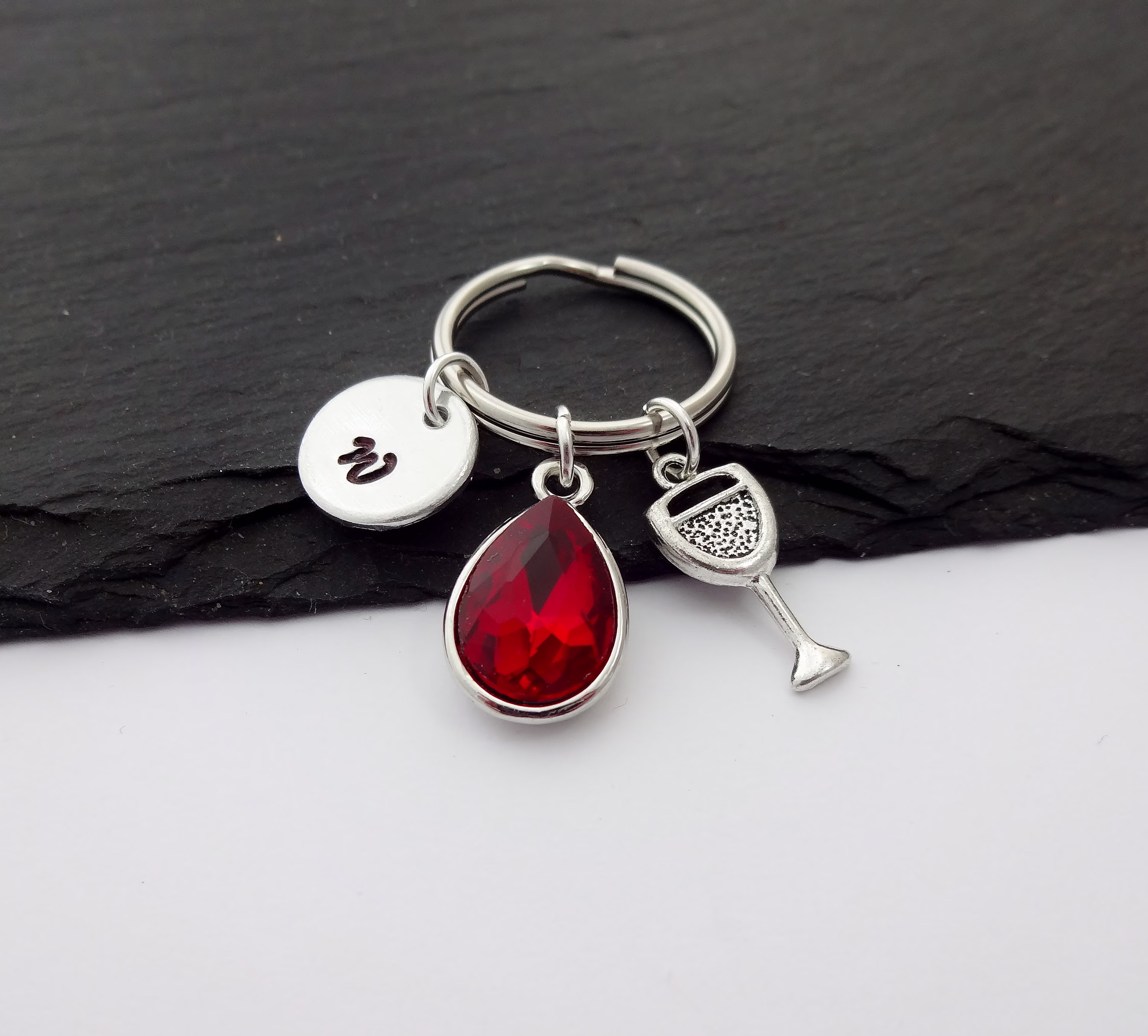 Wine Keychain, Initial Keyring, Hand Stamped, Charm Personalised Gifts, Gift For Her, Birth Month, Lover