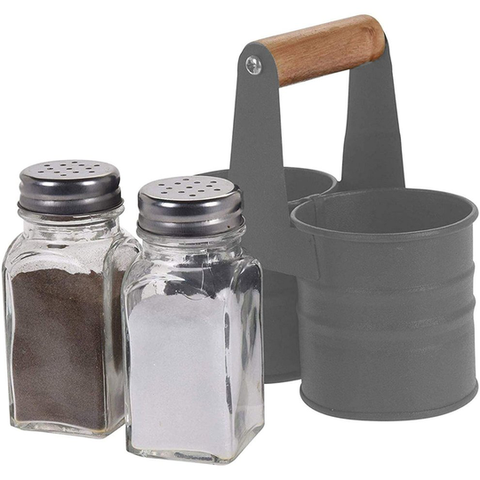 GEEZY Glass Salt and Pepper Shaker Set with Metal Tin Storage Holder