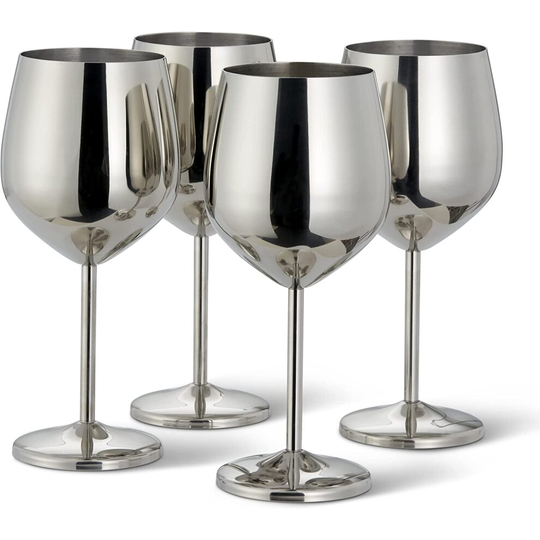 4 Silver Stainless Steel Wine Glass Shatterproof Party Glasses Gift Set - 500ml