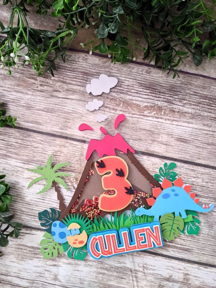 Dinosaur Cake Topper, T-Rex, Jurassic Theme, Dino Party Decorations, Volcano Blast Party, Custom Name Banner, Gable Box, Favors