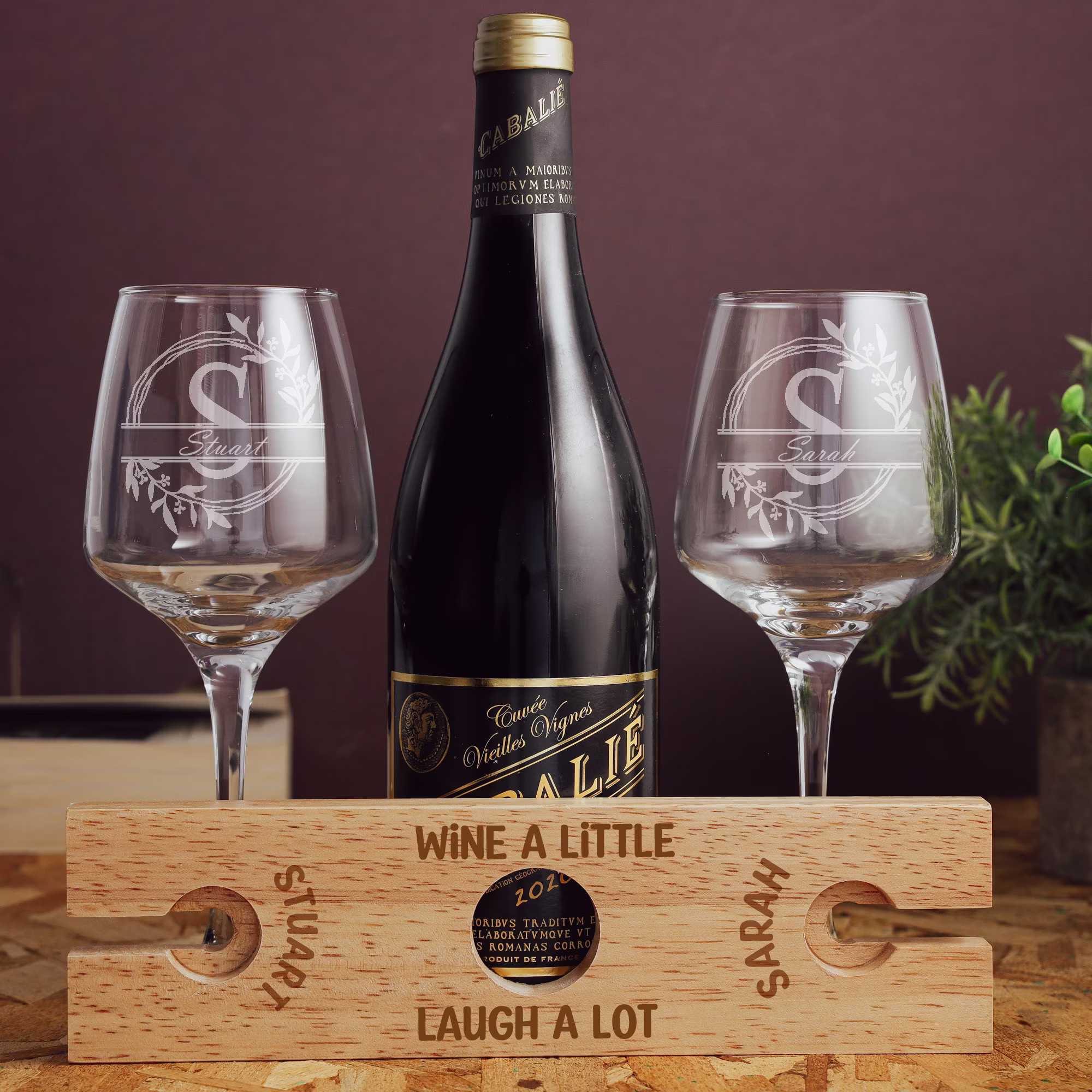 Personalised Wooden Wine Glass Butler Caddy | Bottle & Holder Set Custom Engraved Gift Unique Birthday Gifts Wedding